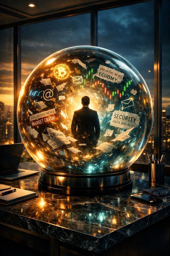 A glowing crystal ball sits on a marble desk in a modern skyscraper office. Inside the sphere, digital symbols, breaking news headlines, market charts, and a suited figure swirl together, lit by dramatic gold and teal light against a city skyline at dusk.