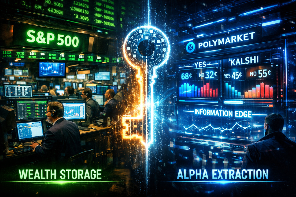 Cinematic split-screen comparing traditional stock market trading (S&P 500, wealth storage) with futuristic prediction market interfaces (Polymarket, Kalshi, yes/no charts) connected by a glowing digital key, illustrating the shift from passive investing to information-driven alpha extraction in modern finance.